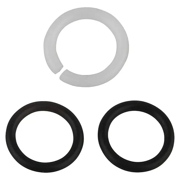 Dichtungssortiment - 12 x 17 mm, Geeignet für: Rohrausläufe - Drei Dichtungsringe sind auf dem Bild zu sehen. Ein weißer Dichtungsring ist offen, während die beiden schwarzen Dichtungsringe geschlossen sind.