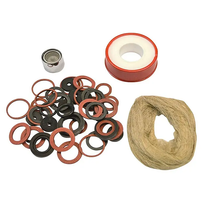 Dichtungssortiment - 50 -tlg. - Dieses Bild zeigt verschiedene Sanitärartikel, darunter Dichtungsringe, Dichtband und Hanf, die für Reparaturen und Installationen verwendet werden.