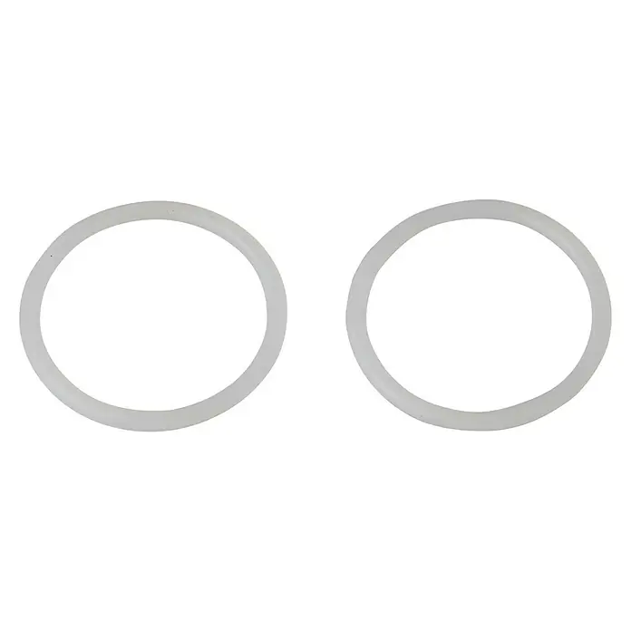 O-Ring - Durchmesser: 38,5 mm, 2 Stk. - Zwei weiße Silikon-Dichtungsringe vor einem schwarzen Hintergrund. Ideal für Sanitäranwendungen oder als Ersatzteile.