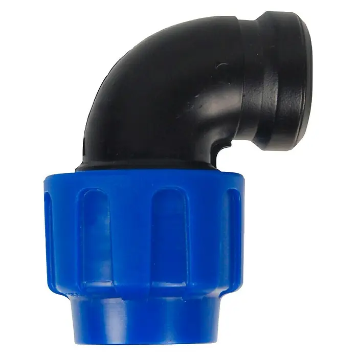 HDPE-Übergangswinkel PP - Durchmesser: 32 mm, Innengewinde: ¾″ - Ein schwarzes, gewinkeltes Rohrstück mit einem blauen Verbindungsstück im unteren Bereich, das zur Verbindung von Rohren dient.