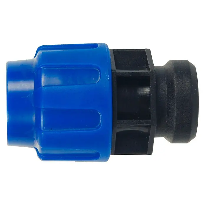 HDPE-Übergangsstück PP - Durchmesser: 25 mm, Innengewinde: 1″ - Nahaufnahme eines blauen und schwarzen Schlauchverbinders, der für eine sichere und zuverlässige Verbindung sorgt.