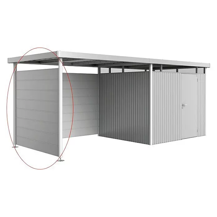 Biohort HighLine Seitenwand H3 - Silber Metallic - Graues Metall-Außenunterstand mit offener Überdachung und integriertem Abstellraum mit Tür.