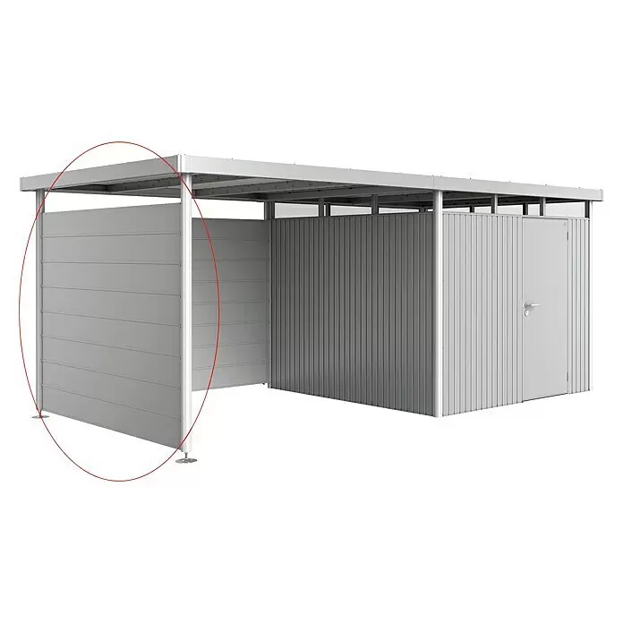 Biohort HighLine Seitenwand H4 - Silber Metallic - Graues, modulares Metall-Schutzdach mit flachem Dach, geeignet für Fahrräder oder als Abstellraum.