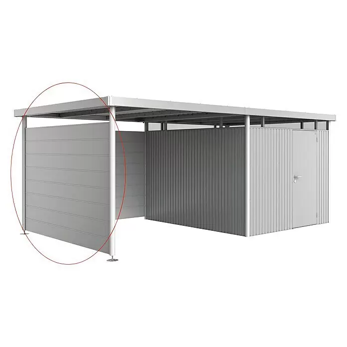 Biohort HighLine Seitenwand H5 - Silber Metallic - Hellgraues Metall-Carport mit integriertem Geräteschuppen und Tür.