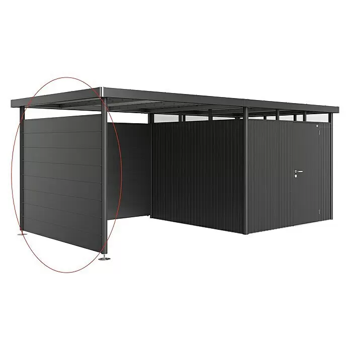 Biohort HighLine Seitenwand H4 - Dunkelgrau Metallic - Dunkelgrauer modularer Unterstand aus Metall mit Lagerschuppen und offenem Vordach.
