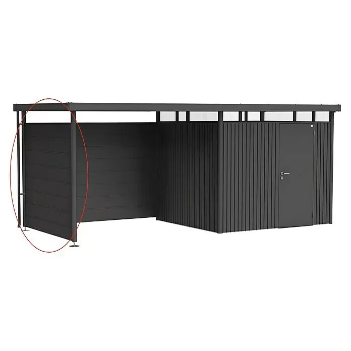 Biohort HighLine Seitenwand H3 - Dunkelgrau Metallic - Dunkelgraue Außenlagerungseinheit mit offenem Unterstandbereich und sicherem Fach mit Tür.