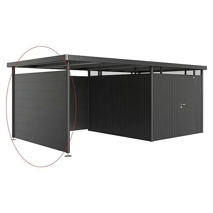 Biohort HighLine Seitenwand H5 - Dunkelgrau Metallic - Dunkelgrauer Metall-Carport mit Flachdach und integriertem Geräteschuppen, Tür, verstellbaren Füßen und strukturierten Paneelen.