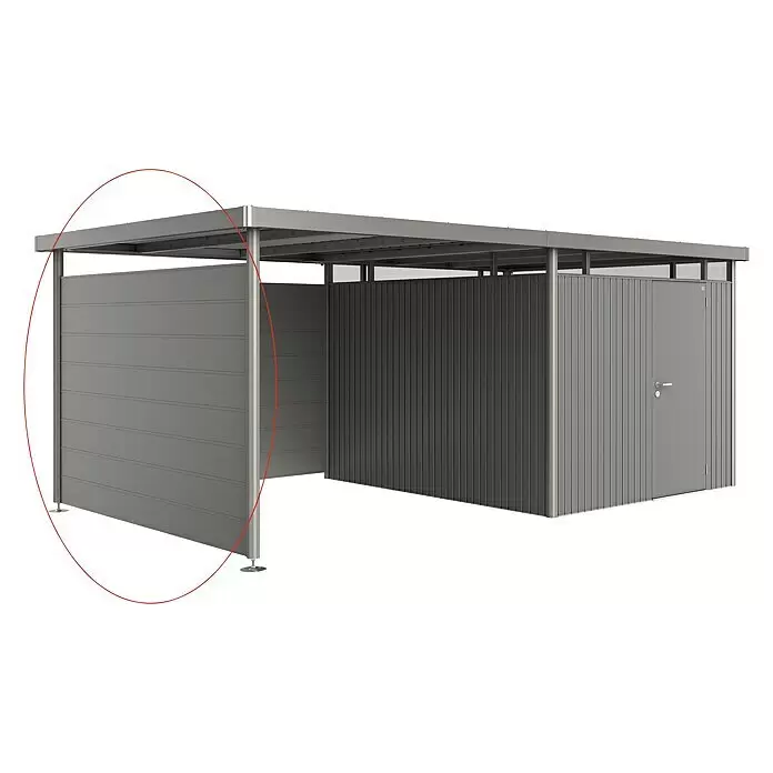 Biohort HighLine Seitenwand H5 - Quarzgrau Metallic - Grau-metallischer Modulunterstand mit integriertem Geräteschuppen.