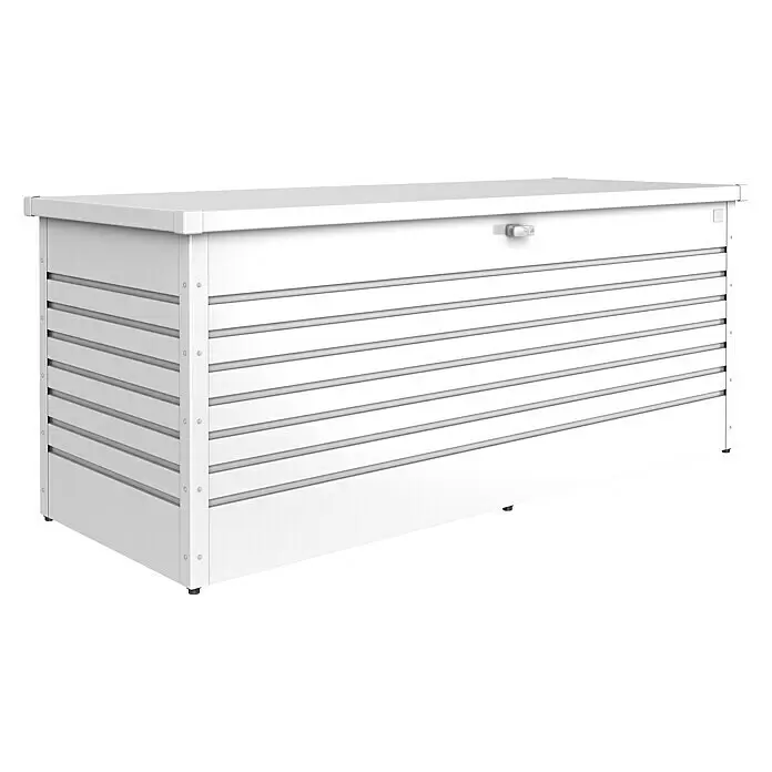 Biohort FreizeitBox Gartenbox 200 - L x B x H: 79 x 201 x 83 cm, Stahl, Weiß - Weißer Outdoor-Stauraumkasten mit Lamellen-Design und Frontschloss.