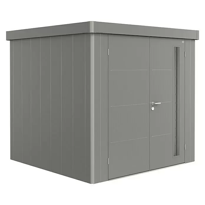 Biohort Neo Gerätehaus Neo 2B - Außenbreite inkl. Dachüberstand: 236 cm, Außentiefe inkl. Dachüberstand: 236 cm, Stahl, Quarzgrau Metallic, Doppeltür - Diagonale Ansicht