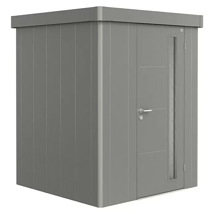 Biohort Neo Gerätehaus Neo 1A - Außenbreite inkl. Dachüberstand: 180 cm, Außentiefe inkl. Dachüberstand: 180 cm, Stahl, Quarzgrau Metallic, Einzeltür - Graues Metall-Gartenhaus mit Tür und kleinem Fenster.