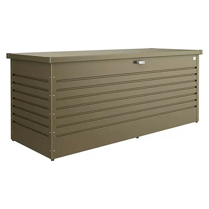 Biohort FreizeitBox Gartenbox 200 - L x B x H: 79 x 201 x 83 cm, Stahl, Bronze-Metallic - Olivgrüne Metall-Gartenbox mit horizontalem Latten-Design und einem silbernen Griff.