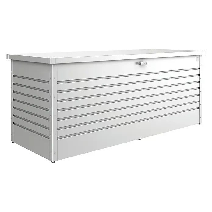 Biohort FreizeitBox Gartenbox 200 - L x B x H: 79 x 201 x 83 cm, Stahl, Silber Metallic - Geräumige, weiße Gartenbox zur Aufbewahrung von Gartenutensilien. Die Box ist wetterfest und robust für den Außenbereich.