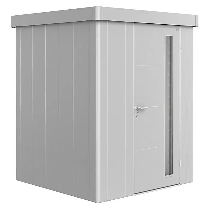 Biohort Neo Gerätehaus Neo 1A - Außenbreite inkl. Dachüberstand: 180 cm, Außentiefe inkl. Dachüberstand: 180 cm, Stahl, Silber Metallic, Einzeltür - Moderner grauer Geräteschuppen mit Tür, vertikalem Glasfeld und horizontalen Zierlinien.