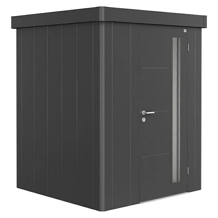 Biohort Neo Gerätehaus Neo 1A - Außenbreite inkl. Dachüberstand: 180 cm, Außentiefe inkl. Dachüberstand: 180 cm, Stahl, Dunkelgrau Metallic, Einzeltür - Dunkelgraues Metall-Gartenhaus mit Flachdach und moderner Tür mit Fenster und horizontalen Designelementen.