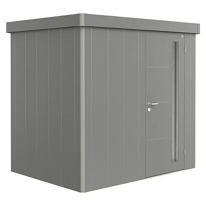 Biohort Neo Gerätehaus Neo 1B - Außenbreite inkl. Dachüberstand: 236 cm, Außentiefe inkl. Dachüberstand: 180 cm, Stahl, Quarzgrau, Einzeltür - Diagonale Ansicht