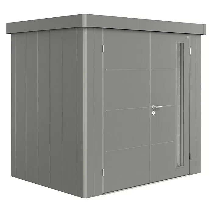 Biohort Neo Gerätehaus Neo 1B - Außenbreite inkl. Dachüberstand: 236 cm, Außentiefe inkl. Dachüberstand: 180 cm, Stahl, Quarzgrau Metallic, Doppeltür - Diagonale Ansicht