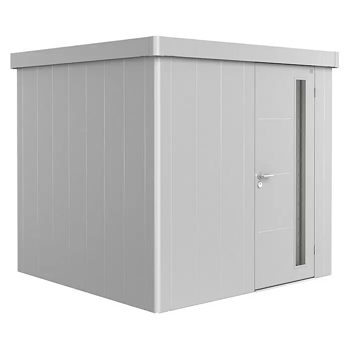 Biohort Neo Gerätehaus Neo 2B - Außenbreite inkl. Dachüberstand: 236 cm, Außentiefe inkl. Dachüberstand: 236 cm, Stahl, Silber Metallic, Einzeltür - Diagonale Ansicht