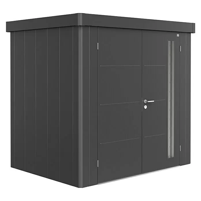 Biohort Neo Gerätehaus Neo 1B - Außenbreite inkl. Dachüberstand: 236 cm, Außentiefe inkl. Dachüberstand: 180 cm, Stahl, Dunkelgrau Metallic, Doppeltür - Diagonale Ansicht