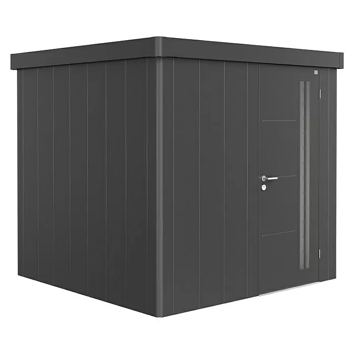 Biohort Neo Gerätehaus Neo 2B - Außenbreite inkl. Dachüberstand: 236 cm, Außentiefe inkl. Dachüberstand: 236 cm, Stahl, Dunkelgrau Metallic, Einzeltür - Diagonale Ansicht