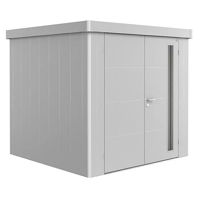 Biohort Neo Gerätehaus Neo 2B - Außenbreite inkl. Dachüberstand: 236 cm, Außentiefe inkl. Dachüberstand: 236 cm, Stahl, Silber Metallic, Doppeltür - Diagonale Ansicht