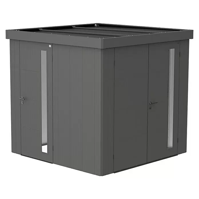 Biohort Neo Zusatztür - Quarzgrau Metallic, Einzeltür - Dunkelgrauer moderner Gartenschuppen mit zwei Türen, schmalen vertikalen Fenstern und Flachdach.