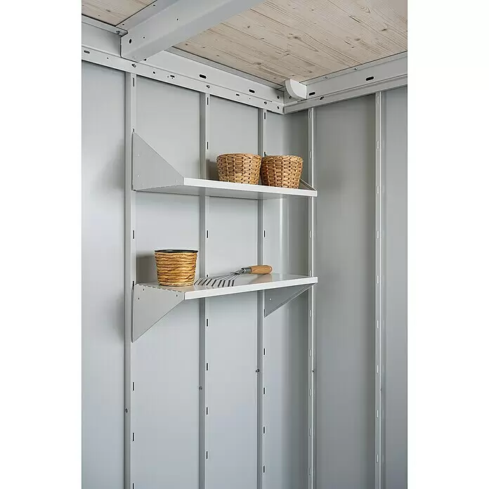 Biohort Neo Regal-Set - B x T x H: 56 x 26 x 17,3 cm, Passend für: Biohort Neo Gerätehaus, 2 Stk. - Graues Metallregalsystem mit zwei Regalböden und Halterungen, zur Organisation in einer Lagereinheit montiert.