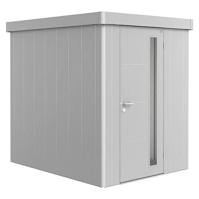 Biohort Neo Gerätehaus Neo 2A - Außenbreite inkl. Dachüberstand: 180 cm, Außentiefe inkl. Dachüberstand: 236 cm, Stahl, Silber Metallic - Moderner grauer Gartenschuppen mit Tür, vertikalem Fenster und Griff.