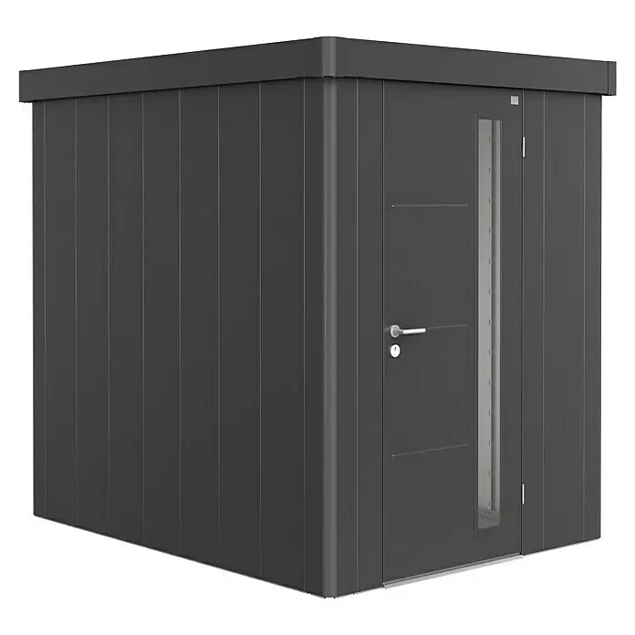Biohort Neo Gerätehaus Neo 2A - Außenbreite inkl. Dachüberstand: 180 cm, Außentiefe inkl. Dachüberstand: 236 cm, Stahl, Dunkelgrau Metallic, Einzeltür - Dunkelgraues Metallgerätehaus mit Flachdach und Tür mit silbernem Griff, Schloss und schmalem Hochfenster.