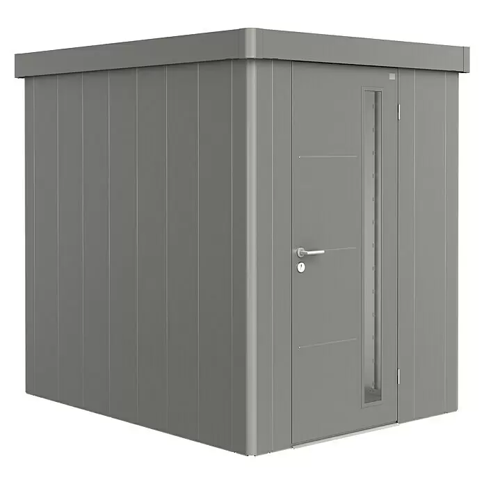 Biohort Neo Gerätehaus Neo 2A - Außenbreite inkl. Dachüberstand: 180 cm, Außentiefe inkl. Dachüberstand: 236 cm, Stahl, Quarzgrau Metallic, Einzeltür - Modernes graues Metall-Gartenhaus mit schlankem Design und integrierter Tür mit vertikalem Fenster.