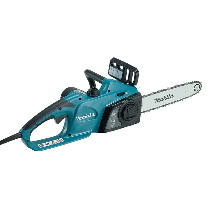 Makita Elektro-Kettensäge UC3541A - 1.800 W, Schwertlänge: 35 cm - Diese Abbildung zeigt eine Makita-Kettensäge, die sich ideal zum Beschneiden von Ästen und zum Fällen kleinerer Bäume eignet.