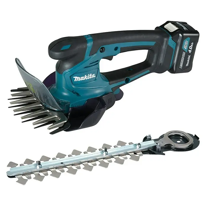 Makita Akku-Gras- & Strauchschere UM600DSMEX - 12 V, Li-Ionen, 1 Akku - Abgebildet ist eine Makita Akku-Grasschere/Strauchschere mit Akku und einem zusätzlichen Strauchscherenmesser.