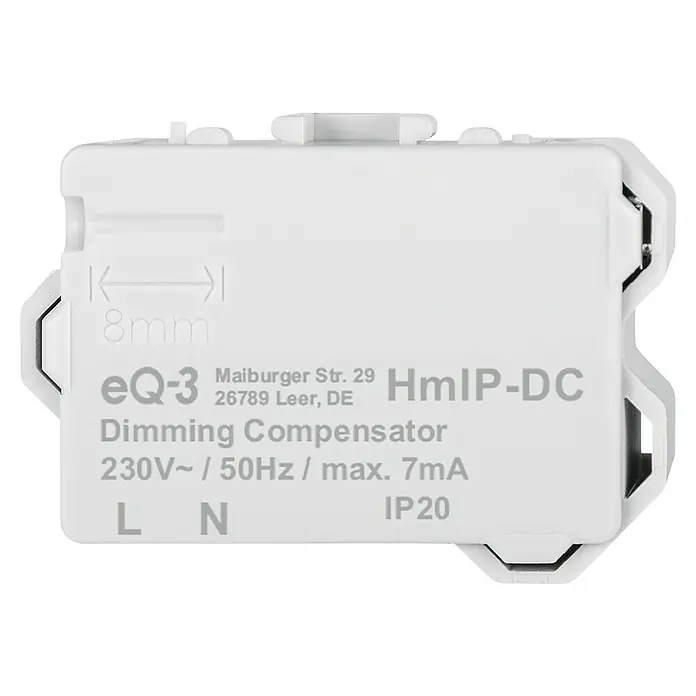 Homematic IP Kompensator HmIP-DC für Dimmer - 16 x 39 x 28 mm - Nahaufnahme eines eQ-3 HmIP-DC Dimm-Kompensators mit technischen Details und Spezifikationen, ideal für Smart-Home-Anwendungen.