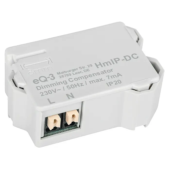 Homematic IP Kompensator HmIP-DC für Dimmer - 16 x 39 x 28 mm - Abbildung eines eQ-3 HmIP-DC Dimmkompensators, ein Gerät zur Steuerung und Anpassung der Helligkeit von Beleuchtungssystemen.