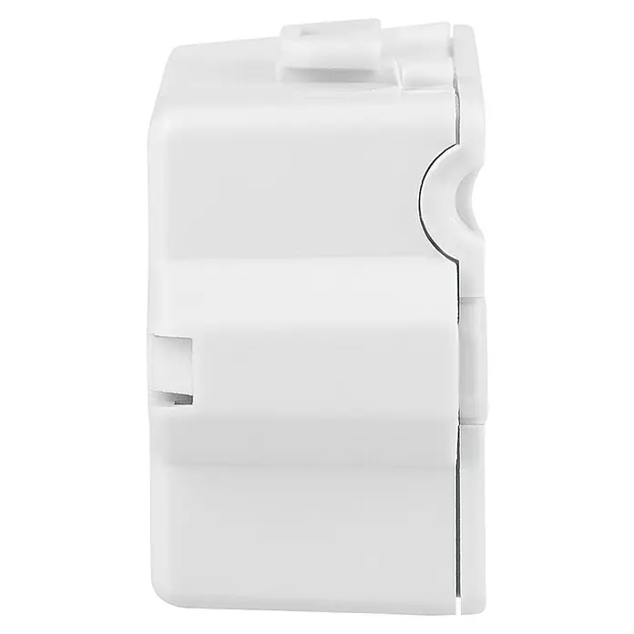Homematic IP Kompensator HmIP-DC für Dimmer - 16 x 39 x 28 mm - Nahaufnahme eines weißen Kastens, der ein elektronisches Gerät oder ein Gehäuse für Bauelemente darstellt.