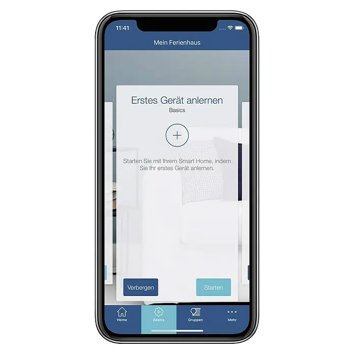 Homematic IP Heizkörper-Thermostat Evo HmIP-eTRV-E-S - Ventilanschluss: M30 x 1,5 mm, Batteriebetrieben, 94 x 53 x 55 mm, Silber - Smartphone-Ansicht mit App zur Smart-Home-Einrichtung, mit Fokus auf das Hinzufügen des ersten Geräts.