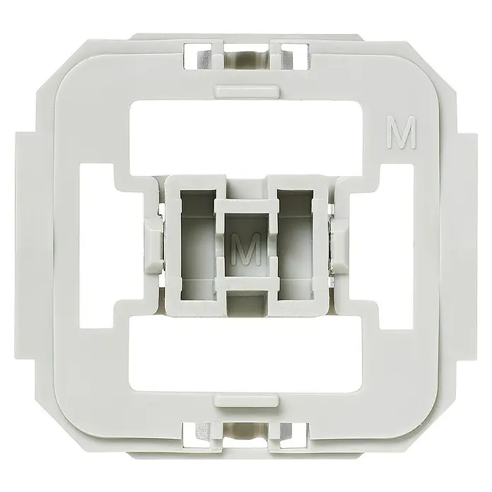 Homematic IP Adapter EQ3-ADA-ME - 20 Stk., Unterstützte Systeme: Homematic IP System - Nahaufnahme einer weißen Modular-Frontplatte für Schalter und Steckdosen. Das Produkt hat ein stilvolles und modernes Design.