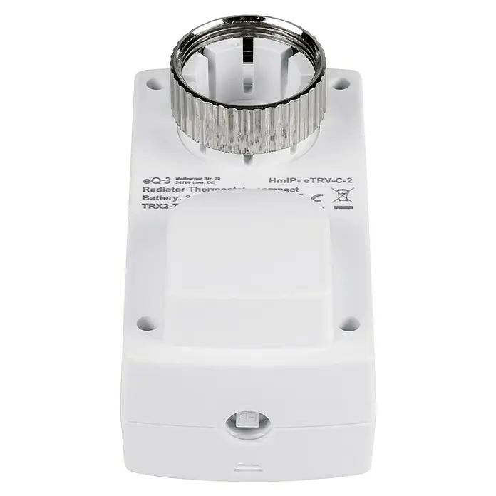 Homematic IP Heizkörper-Thermostat HmIP-eTRV-C-2 - M30 x 1,5 mm, Batteriebetrieben, Weiß - Eine Nahaufnahme des eQ-3 Heizkörperthermostats eTRV-C-2, kompakt und weiß, mit Chromring für Heizungssteuerung.