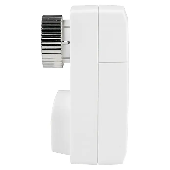 Homematic IP Heizkörper-Thermostat HmIP-eTRV-C-2 - M30 x 1,5 mm, Batteriebetrieben, Weiß - Seitenansicht eines weißen Heizkörperthermostats mit einem verchromten Drehknopf zur Temperaturregelung.