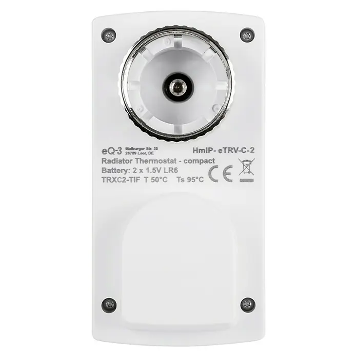Homematic IP Heizkörper-Thermostat HmIP-eTRV-C-2 - M30 x 1,5 mm, Batteriebetrieben, Weiß - Nahaufnahme eines weißen Heizkörperthermostats eQ-3 HmIP-eTRV-C-2, das eine kompakte Bauweise und Informationen zur Batterie aufweist.