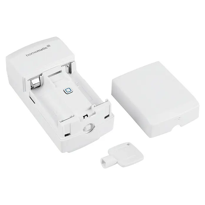 Homematic IP Heizkörper-Thermostat HmIP-eTRV-C-2 - M30 x 1,5 mm, Batteriebetrieben, Weiß - Ein weißes Homematic IP Gerät zur intelligenten Steuerung von Heizkörpern, bestehend aus drei Teilen.