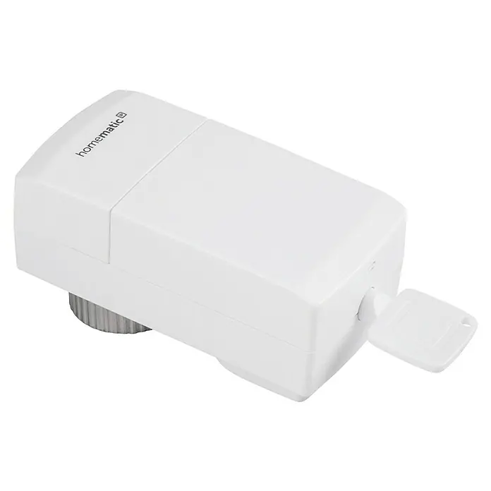 Homematic IP Heizkörper-Thermostat HmIP-eTRV-C-2 - M30 x 1,5 mm, Batteriebetrieben, Weiß - Nahaufnahme eines weißen Homematic Heizkörperthermostats, der moderne Heizungssteuerung für ein intelligentes Zuhause ermöglicht.