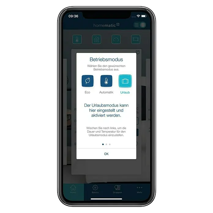 Homematic IP Heizkörper-Thermostat HmIP-eTRV-C-2 - M30 x 1,5 mm, Batteriebetrieben, Weiß - Screenshot einer Homematic-App auf einem Smartphone, der die Auswahl des Betriebsmodus (Eco, Automatik, Urlaub) mit zugehörigen Beschreibungen anzeigt.