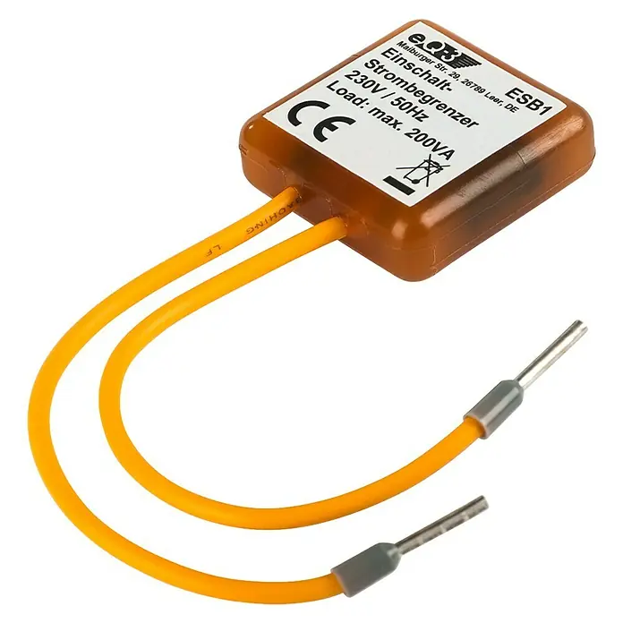 Homematic IP Einschaltstrombegrenzer ESB1 - 230 V - Nahaufnahme eines EQ3 ESB1 Einschalt-Strombegrenzers mit gelben Kabeln und Steckverbindern.