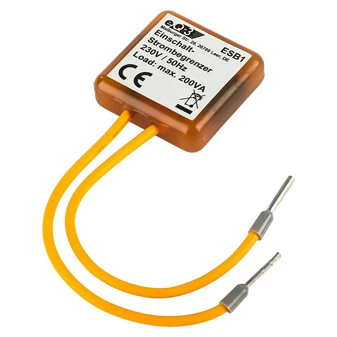 Homematic IP Einschaltstrombegrenzer ESB1 - 230 V - Nahaufnahme eines Einschaltstrombegrenzers ESB1 mit gelben Kabeln und CE-Kennzeichnung, der für 230V/50Hz und max. 200VA Last ausgelegt ist.