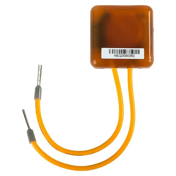 Homematic IP Einschaltstrombegrenzer ESB1 - 230 V - Ein quadratisches elektronisches Bauteil mit gelben Kabeln und Anschlüssen, gut geeignet für Elektronikprojekte oder Reparaturen.