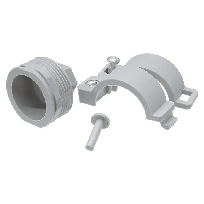 Homematic IP Adapter Vaillant - M30 x 1,5 mm - Ein grauer Kabelverschraubungssatz mit Schrauben, bestehend aus einer Verschraubung, einer Halterung und Befestigungselementen.