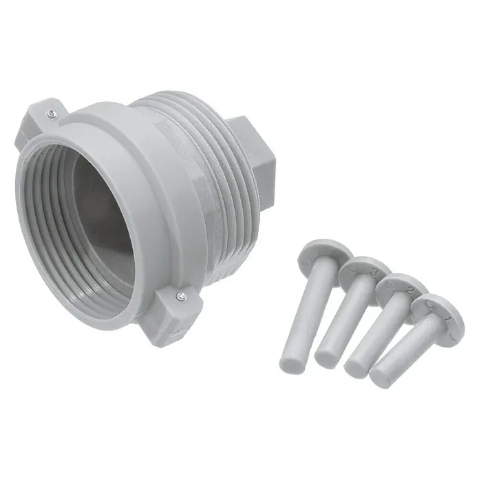 Homematic IP Adapter Herz/Comap - M30 x 1,5 mm - Grauer Rohrverbinder und vier Dübel. Dieses Set eignet sich ideal für sichere und dauerhafte Installationen im Sanitärbereich.