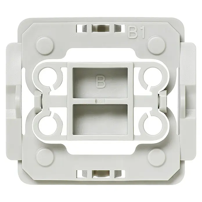 Homematic IP Adapter EQ3-ADA-B1 - 20 Stk., Passend für: Berker-Schalter Arsys/K1/K5 - Nahaufnahme einer weißen Geräterägerplatte mit B1-Markierung. Kompakte Bauweise für Elektroinstallationen.