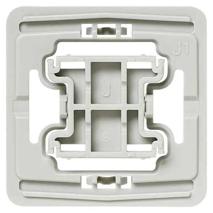 Homematic IP Adapter EQ3-ADA-J1 - 20 Stk., Passend für: Jung-Schalter LS 990/LS design/LS plus/CD universal/CD plus/CD 500 - Nahaufnahme einer weißen Montageplatte, die sich für die Installation verschiedener elektrischer Komponenten eignet. Robuste Konstruktion für sicheren Halt.